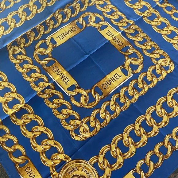 CHANEL Royal Blue and Gold Chain Motif Scarf - Picture 1 of 8